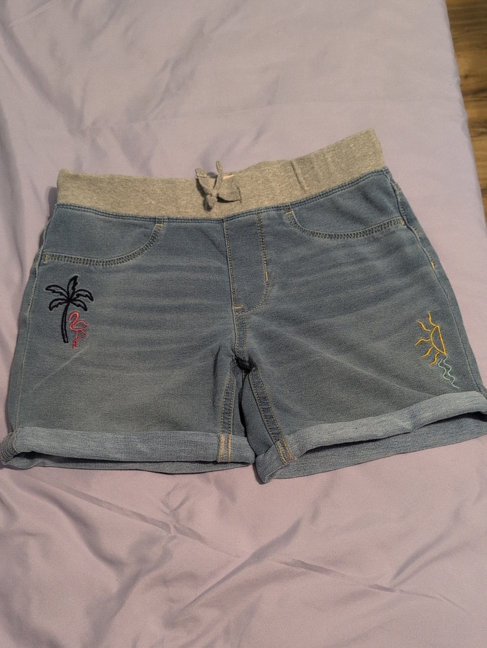 SO Blue Knit Denim Shorts with Gray Waistband and Beach Embroidery